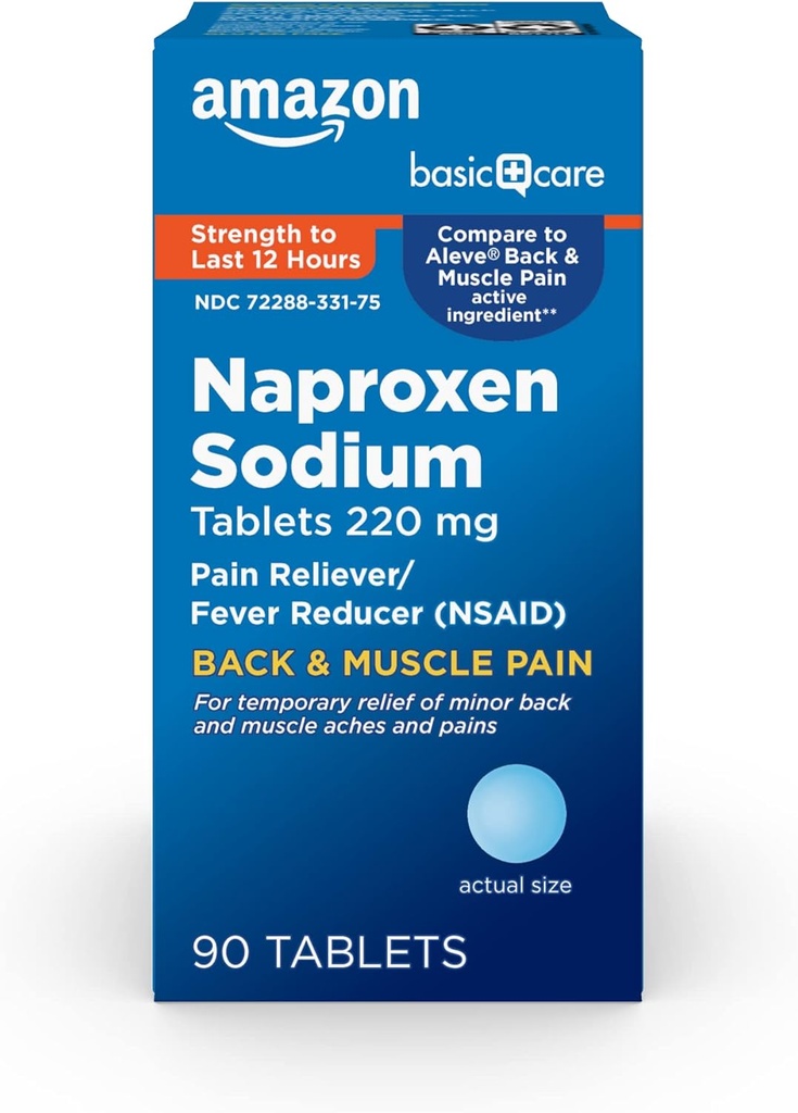 Grunnleggende omsorg rygg- og muskelsmerter, 220 mg, 12-timers smertelindring, Naproxen Natriumtabletter, smertestillende og feberreduser, 90 teller