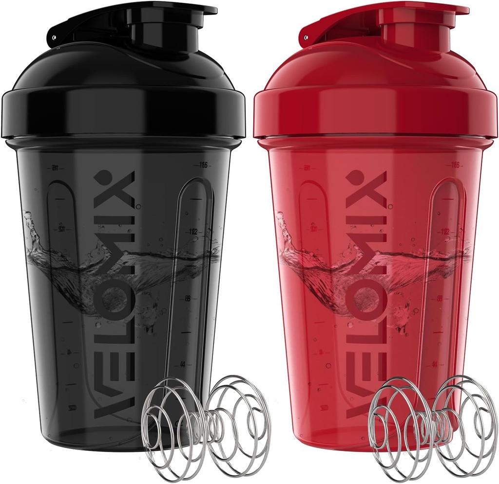VELOMIX - 2 Pakke- 20 oz Protein Shaker flasker for proteinblandinger - 2x Wire Whisk ® Leak Proof Shaker Cups for proteinshake og pre trening ® Protein Shaker flaske pakke (svart / rød)