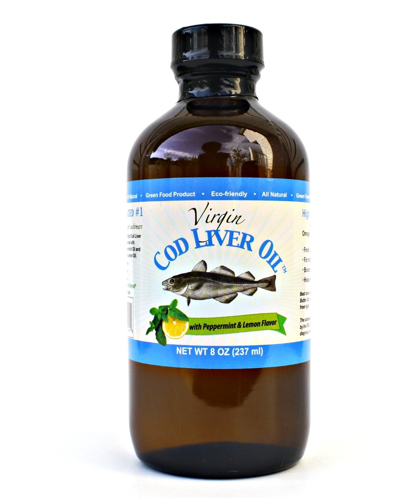 Jomfru Cod Liver Oil - 8 Fl oz naturlig, Sustainablely kildet, Wild Fanget & Frisk Tasting. Høy i vitamin D, Omega 3 DHA/EPA (Lemon og Peppermynte Flavored)