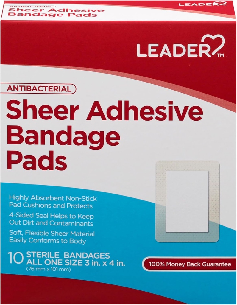 LEADER Sheer Adhesive Bandage Pads, Pakker av Blends med hud, høy absorbent ikke-stick pad, for førstehjelp og sår omsorg beskyttelse, sammenlikn med Band-Aid, alle en størrelse 3/4" x 4", 100 ct.