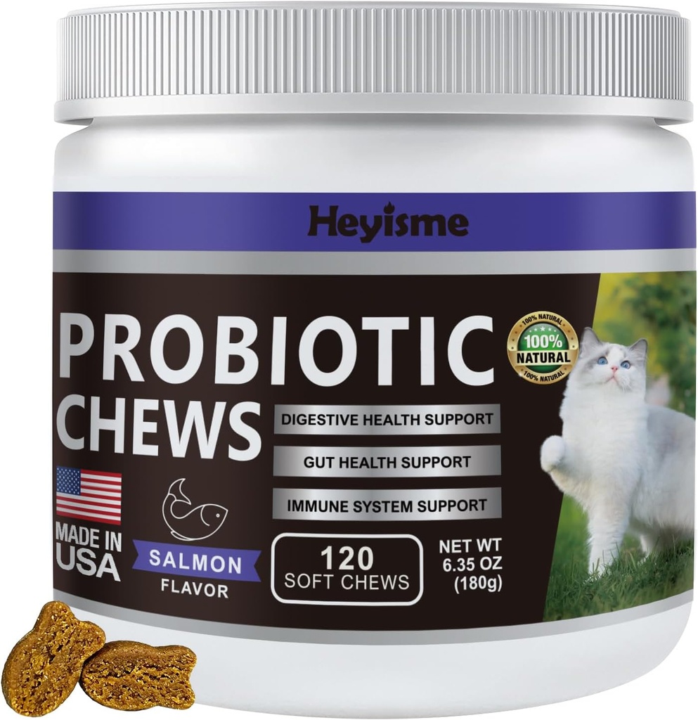 Cat Probiotic, Chews for Gut og immun helse, Cats Probiotic Supplement for Cat Digestive Support, Sunn Digestion, Cat Diarrea Relief (salmon, 120 Chews)