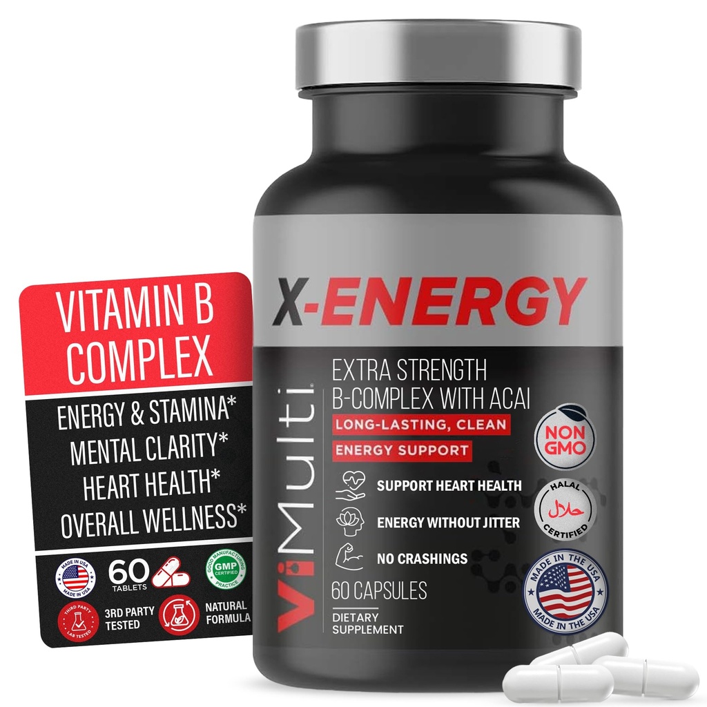X-Energy ekstra styrke B-kompleks med koffein & vitamin B12 – energi støtte med B1, B2, B3 Niacin, B6, Folsyre, Biotin, B5, Taurin, Ginseng, Rhodiola, Maca, Acai & Spirulina – 60 Kapsler