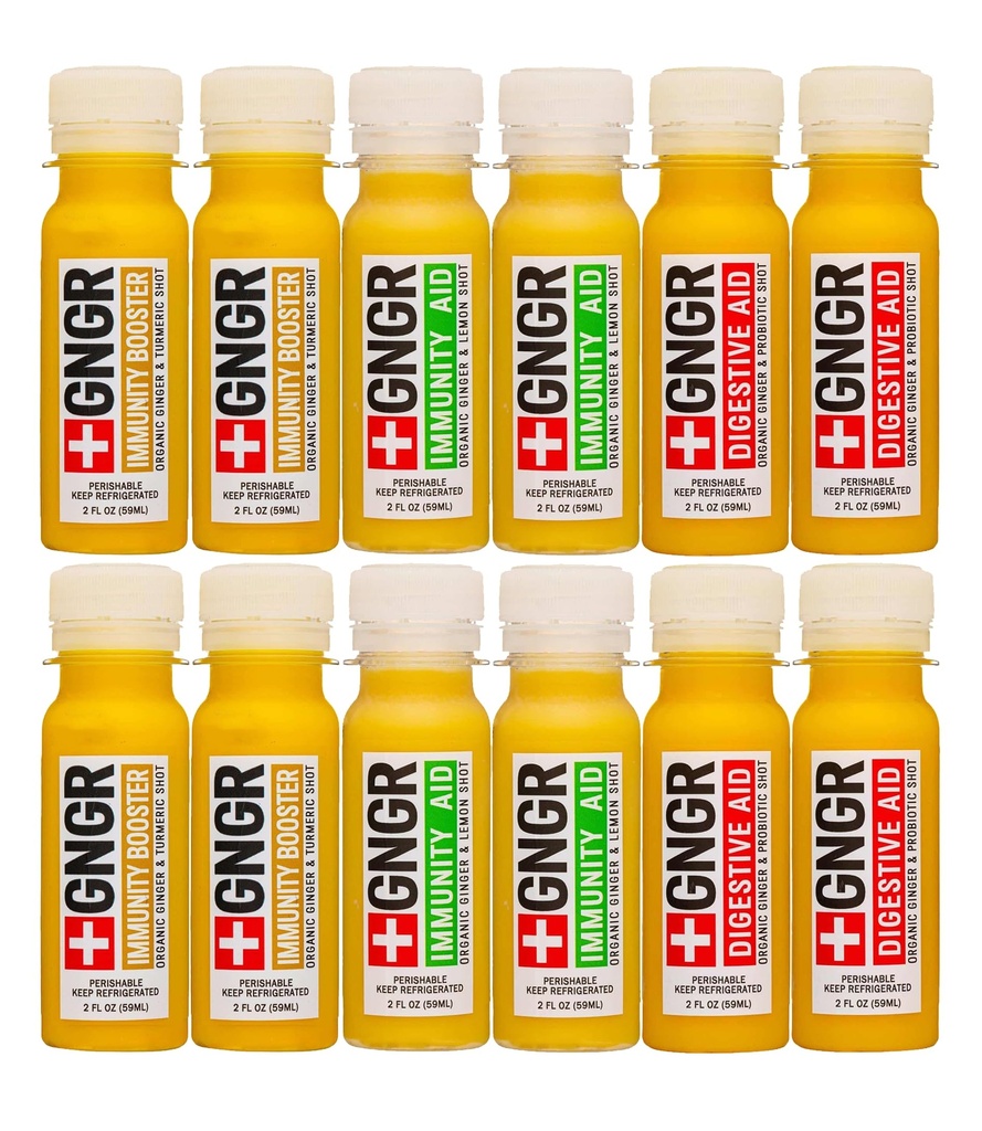 +GNGR Immunity Sampler Organic Ginger Wellness Shots - Premium Ginger Shots for alle naturlige Digestive Support og Immune Support, Digestive Aid, Gut Cleanse og Detox 2 fl oz (Pack of 12)