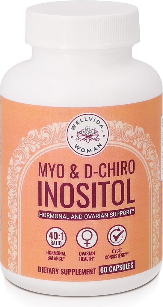 Myo-Inositol & D-Chiro Inositol Supplement Flaske (60 kapsler) 40:1 Ratio Kapsel for ovarian støtte Myo-Inositol 1000mg & D-Chiro 25mg Inositol Kapsler m/ Caronositol - Daglig Inositol for kvinner