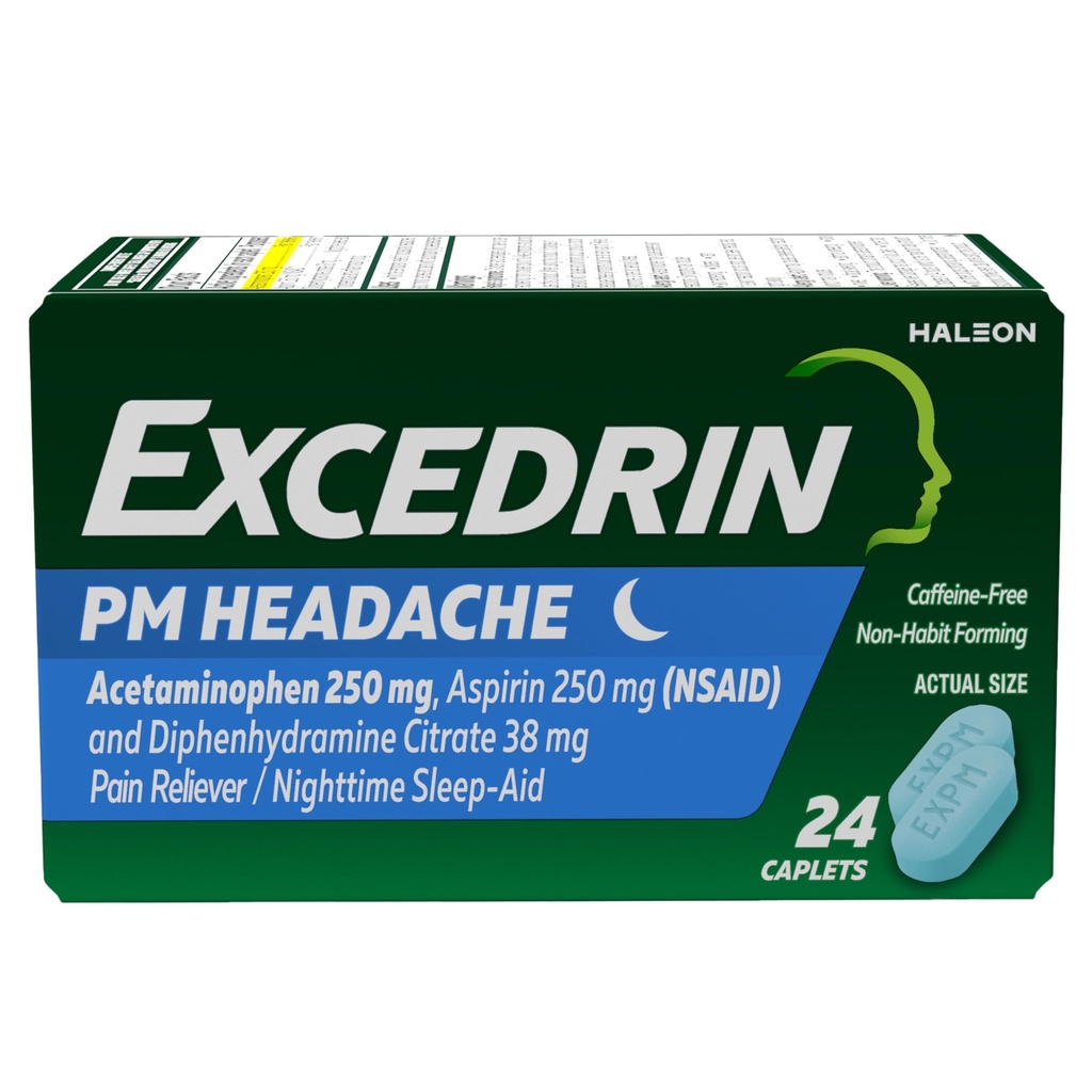Excedrin PM for hodepine relief, Acetaminophen 250mg, Aspirin 250mg, Diphenhydramin Citrat 38mg, smertefriere, natt søvn-Aid, 24 greve