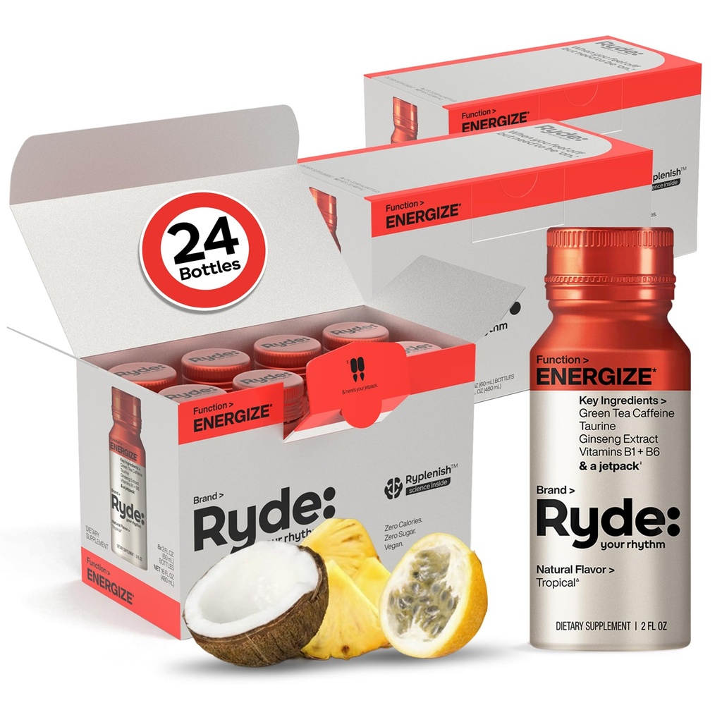 Ryde: Energize Shot | Tropical Flavor | Grønn Te Koffein, Taurin, Ginseng Ekstrakt & B vitaminer | 0 Kalorier, 0 Sukker | 2 FL OZ Shots | Boosts energi * (24 Pack)