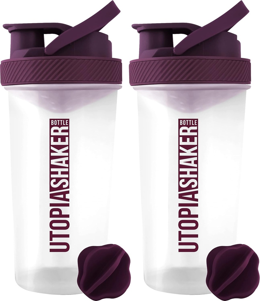 Utopia Home Protein Shaker Flaske - (pakke med 2) 28-Ounce Shaker flasker for proteinblandinger - Fitness Sports Classic Protein Mixer Shaker Flaske (clear/Plum)