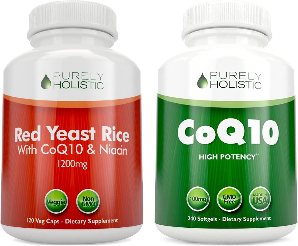 Rent Holistisk Rød Yeast Rice 1200mg & Niacin + CoQ10 100mg - 120 Kapsler og 240 Softgels Bundle - laget i USA