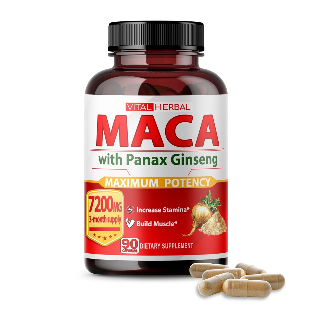 Vital Herbal Maca Root Complex med Ashwagandha, Tongkat Ali, Tribulus, Horny Goat Weed & Panax Ginseng – Herbal støtte for energi og ytelse – 90 dagers levering