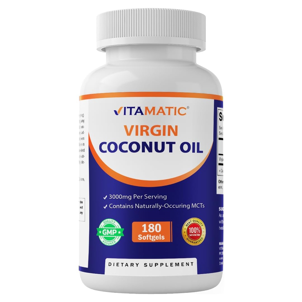 Vitamatic Virgin Coconut Olje Softgels, 3000 mg Per Servering, 60 Serveringer, 180 greve, Ikke-GMO, Glutenfri