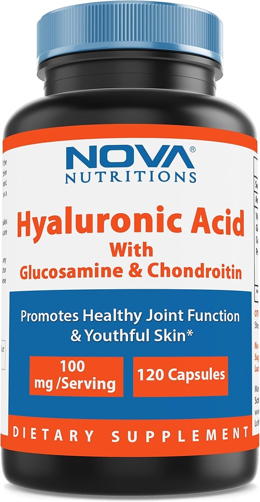 Nova Nutritions Hyaluronsyre 100mg / konservering - fremmer ungdommelig hud & sunn fellesfunksjon 120 kapsler