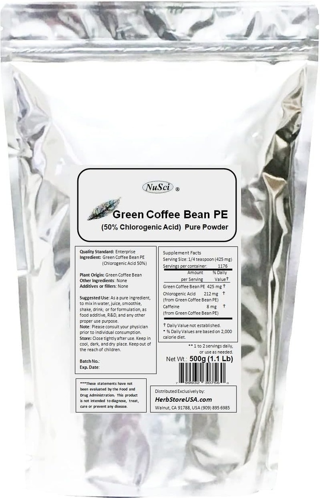 Grønn kaffebønne ekstrakt pulver, standardisert 50% klorogensyre (500 gram (1,1 lb))