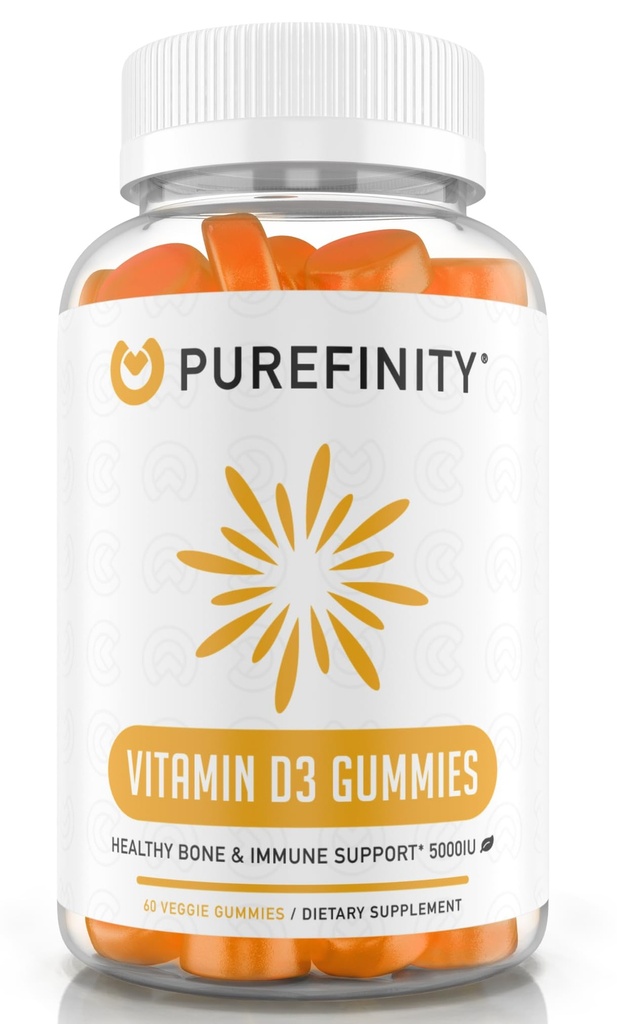 PUREFINITY Vitamin D3 5000 iu Gummies - Ditt daglige vitamin D Supplement for bein helse, immun helse og felles muskel støtte for voksne og barn - Glutenfri, ikke-GMO - 60 Veggie Gummies