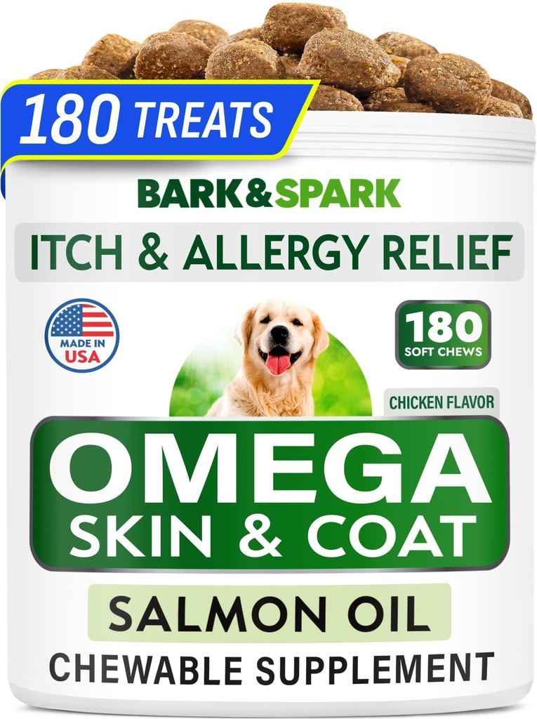 BARK & SPARK Omega 3 for hunder - 180 fiskeoljebehandlinger for hundshedding, hudallergi Chews, kløe relief, varme flekker behandling - felles helse - hud og coat Supplement - EPA & DHA fettsyrer - lakseolje