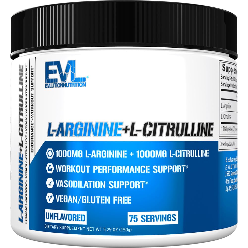 Evlution Nutrition L-Arginin + L-Citrullin - Endurance + Trening ytelsessupplement - 2000mg Complex - Vasodilation + Nitric Oxid Support - Vegan + Glutenfri pulver - 75 Services