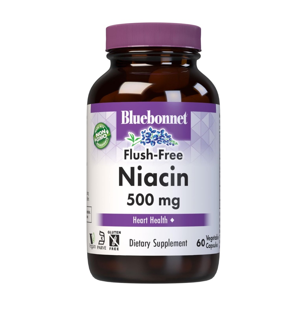 Blåbonnet Ernæring Flush-Free Niacin 500mg, for næringsrik kardiovaskulær støtte*, soya-fri, Glutenfri, Ikke-GMO, Kosher Certified, Dairy-Free, Vegan, 60 Grønnsaker Kapsler, 60 Serveringer