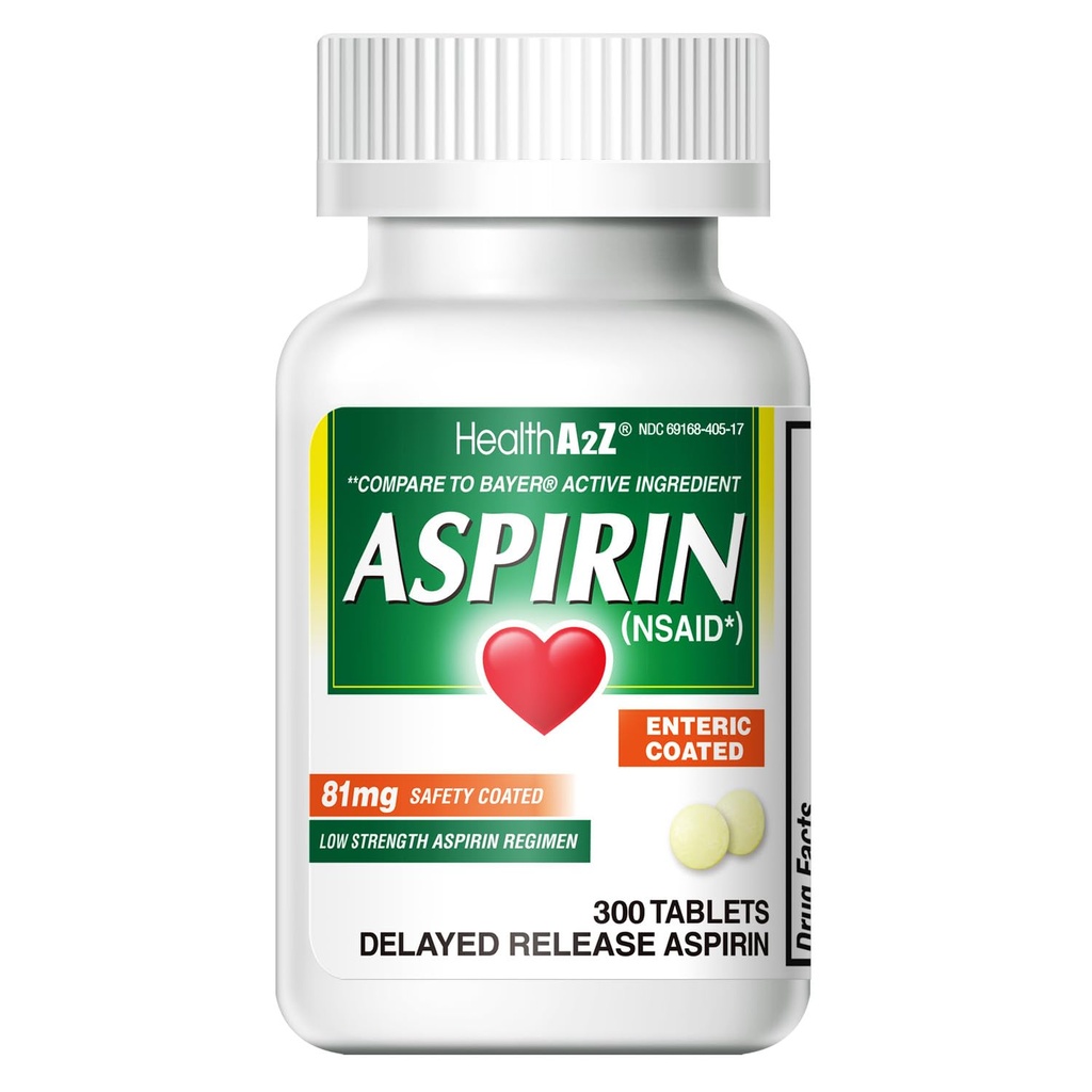 HealthA2Z® Aspirin 81 mg | Lav styrke | Enterisk belagt | smertelindring | Reduserer mindre akser muskelsmerter og krummer | Feber Reduserer hodepine (300 teller)