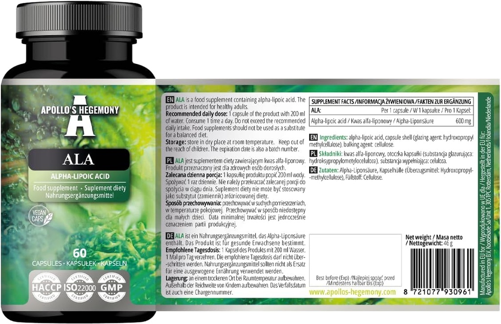 APOLLO'S HEGEMONY ALA (Alfa Lipoic Acid) 600 mg - 60 Vegan Capsules - Optimerer Glucose Management - Støtter Mitokondrial Helse - To måneders forsyning