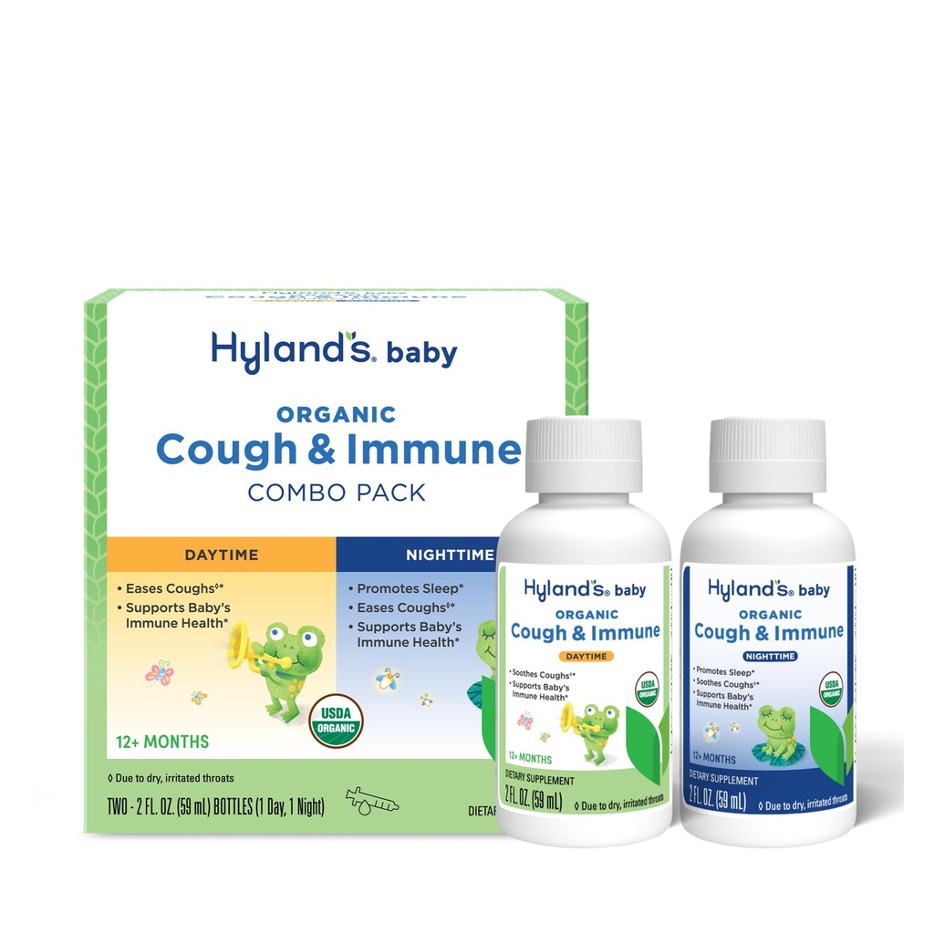 Hyland's Baby Organic Cough Syrup and Immune Support Day and Night Combo Pack, Eases Coughs, støtter immunitet, fremmer søvn, to 2 Fl Oz. Flasker (4 fl oz)