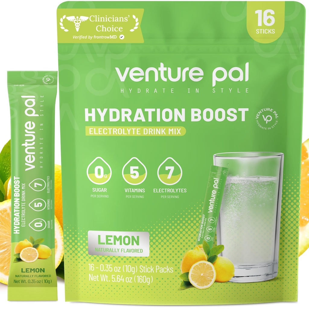 Venture Pal Sukker Gratis Elektrolyte pulver pakker - flytende daglig IV drikke blanding for rask hydrasjon og fest utvinning | 5 vitaminer og 7 elektrolyter | keto vennlig | Ikke-GMO | Certified Vegansk | 16 Sticks