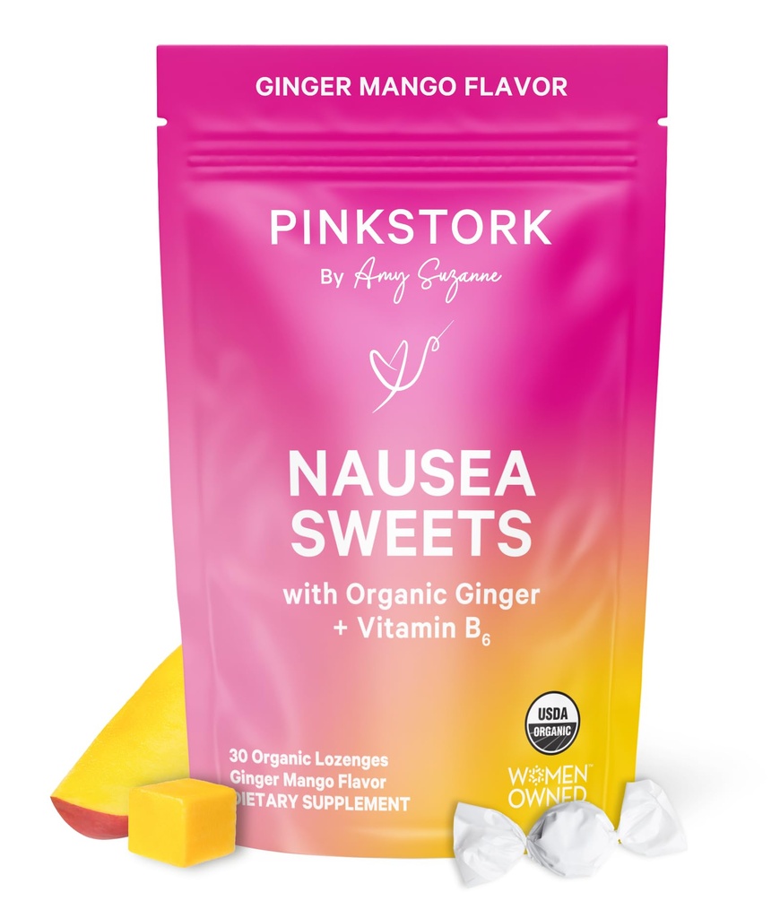 Pink Stork Økologisk Mango Søt med vitamin B6 for morgensykhet og bevegelsessykhet, lagt til Ginger & vitamin B6, 1. trimester graviditet må ha - 30 innpakket candies