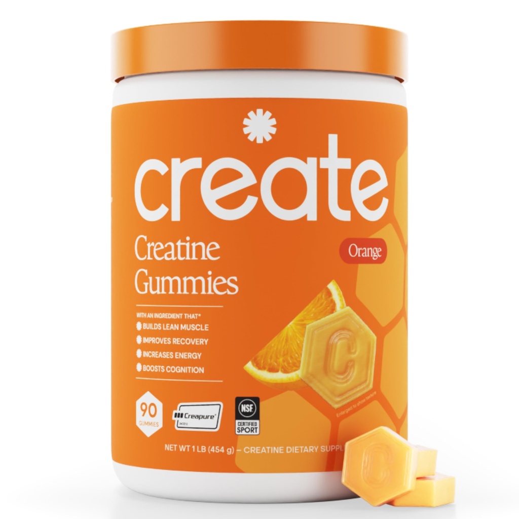Opprett Kreatin Monohydrat Gummies for menn og kvinner, Økt fokus, styrke og utholdenhet, Anti-Melting Formula, Vegansk, Glutenfri, Ikke-GMO, 1,5 g kreatin per gummy (Orange, 90 ct)