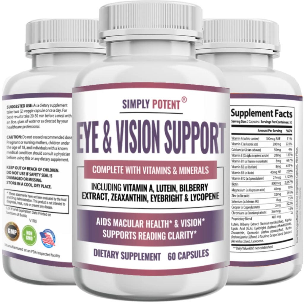 Lutein & Zeaxanthin Eye Helse Kosttilskudd for voksne, Naturlig Øye & Visjon Formula w / Vitamin A, Lutein, Zeaxanthin, Bilbærekstrakt, Eyebright & Lycopen for Retina & Lens 60 Caps