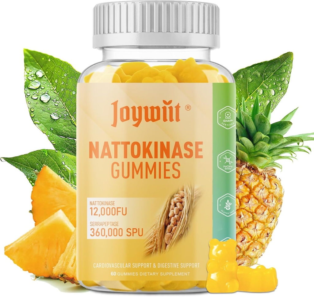 Nattokinase Gummies 12.000 FU, Serrapeptase Gummies 360.000 SPU Enzyme Supplement med Bromelain Papain & Inulin for sirkulasjon, Gut, Digestionsstøtte, Vegan, Ikke GMO, 60 greve