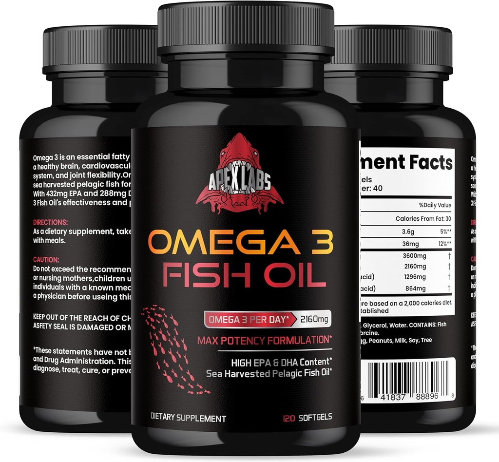Triple Styrke Omega 3 Fiskeolje - Burpless Fish Oil Supplement m/EPA & DHA fettsyrer fra Single-Source Wild Alaska Pollock - 1200 mg, 120 ct