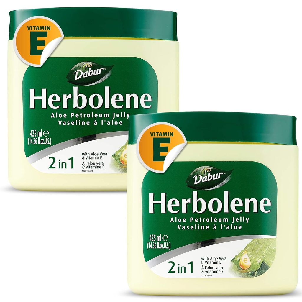Dabur Herbolene Aloe Vera Gel Petroleum Jelly - Forbedret med vitamin E for dyp og intens hudmusturisering - Gentle på sensitive hud - Nourishing Bliss and Lasting Hydration - 425 ML (Pack of 2)