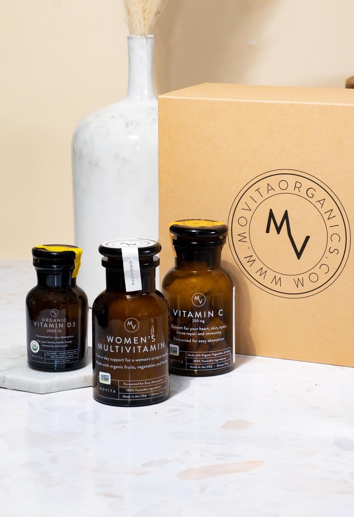 Movita Helse Trio vitamin Gavesett med vitamin D3, C, og kvinners multivitamin, Fermentert hele mat, vitaminer og mineraler - organisk, vegansk-vennlig, Glutenfri, & ikke-GMO