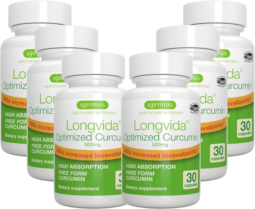 Igennus Longvida Lipidated Curcumin 500mg, Ultra biotilgjengelig og tilgjengelig handling, 65x høyere plasmanivå, Intensiv støtte, Free-Form Curcumin, Vegan, 180 kapsler