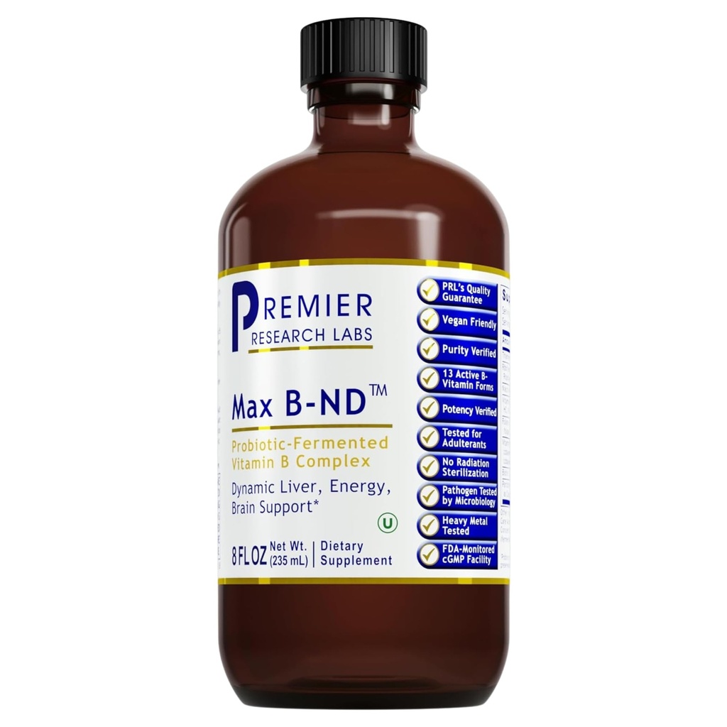 Premier Research Labs Max B-ND - flytende vitamin B-kompleks for lever og hjerne helse, sublingual dråper for menn og kvinner med Thiamin, B12 & B6-8 Fl Oz flaske