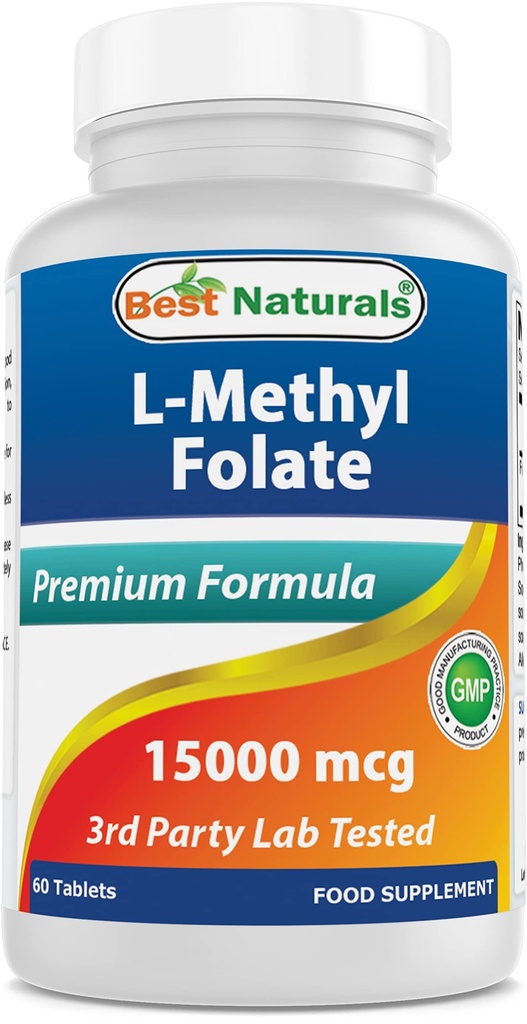 Best Naturals Metyl Folat 15000 mg (15mg) (De fleste bio-tilgjengelige) 60 tabletter - støtter celleformasjon vekstfunksjon, hjerne, minne, kardiovaskulær helse (60 greve (Pack of 1))