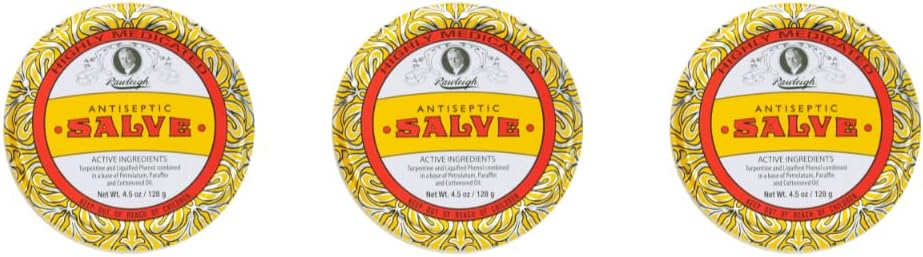 Rawleigh Antiseptic Salve Iconic Yellow Big Tin: 4,5 oz, Multi-Purpose Ointment Sootes Cuts, Bruises, Irritations, med Turpentin, Phenol, Bomuldsfrøolje og parafin, Original Formula - Pakke med 3