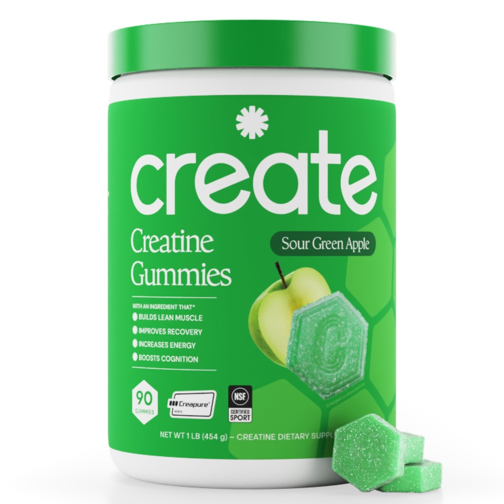 Kreatin Monohydrat Gummier for menn og kvinner - Økt fokus, styrke og utholdenhet, Anti-Melting Formula, Vegan, Glutenfri, Ikke-GMO, 1,5 Gram Kreatin per Gummy (Sour Green Apple, 90 ct)
