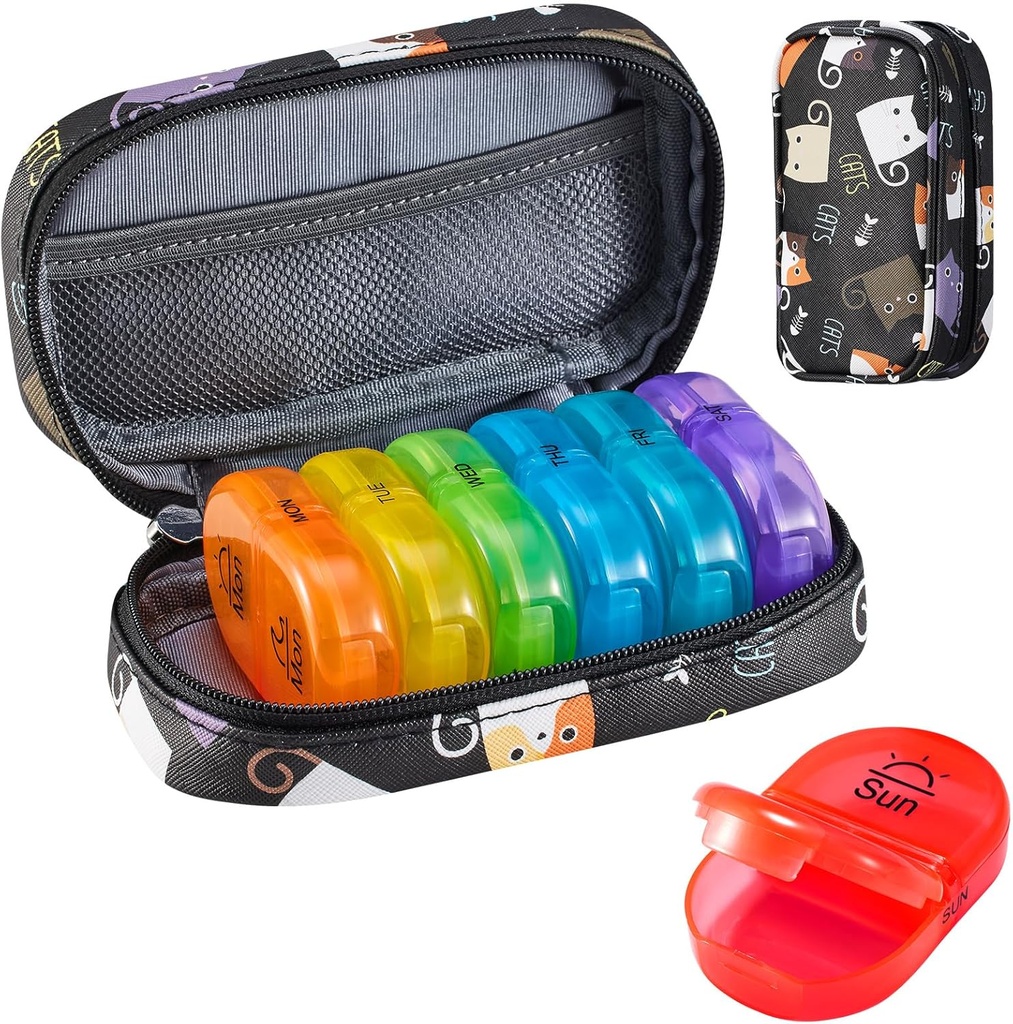 Serfeymi ukentlig reise Pille Organizer 2 ganger om dagen PM oppgradert Rainbow Pill Box 7 dag med bærbare glidelås PU skinn piller saken, medisinorganisator for piller, vitaminer, fiskeoljer - svart 02