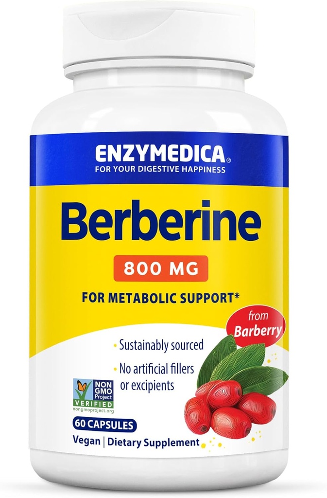 Enzymedica Berberine 800 mg – Vegankapsler til metabolsk støtte – fra Sustainable Sourceed Barberry – Ikke-GMO, Glutenfri, Ingen fyllstoffer eller hjelpemidler – 60 Kapsler