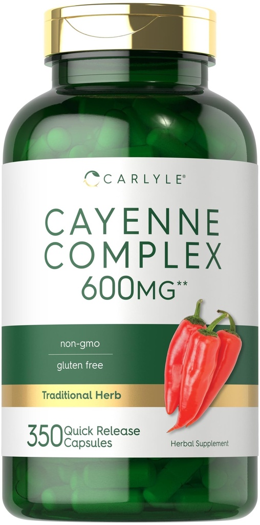Carlyle Cayenne Pepper Capsules 600mg 350 piller ikke-GMO, Glutenfri Supplement