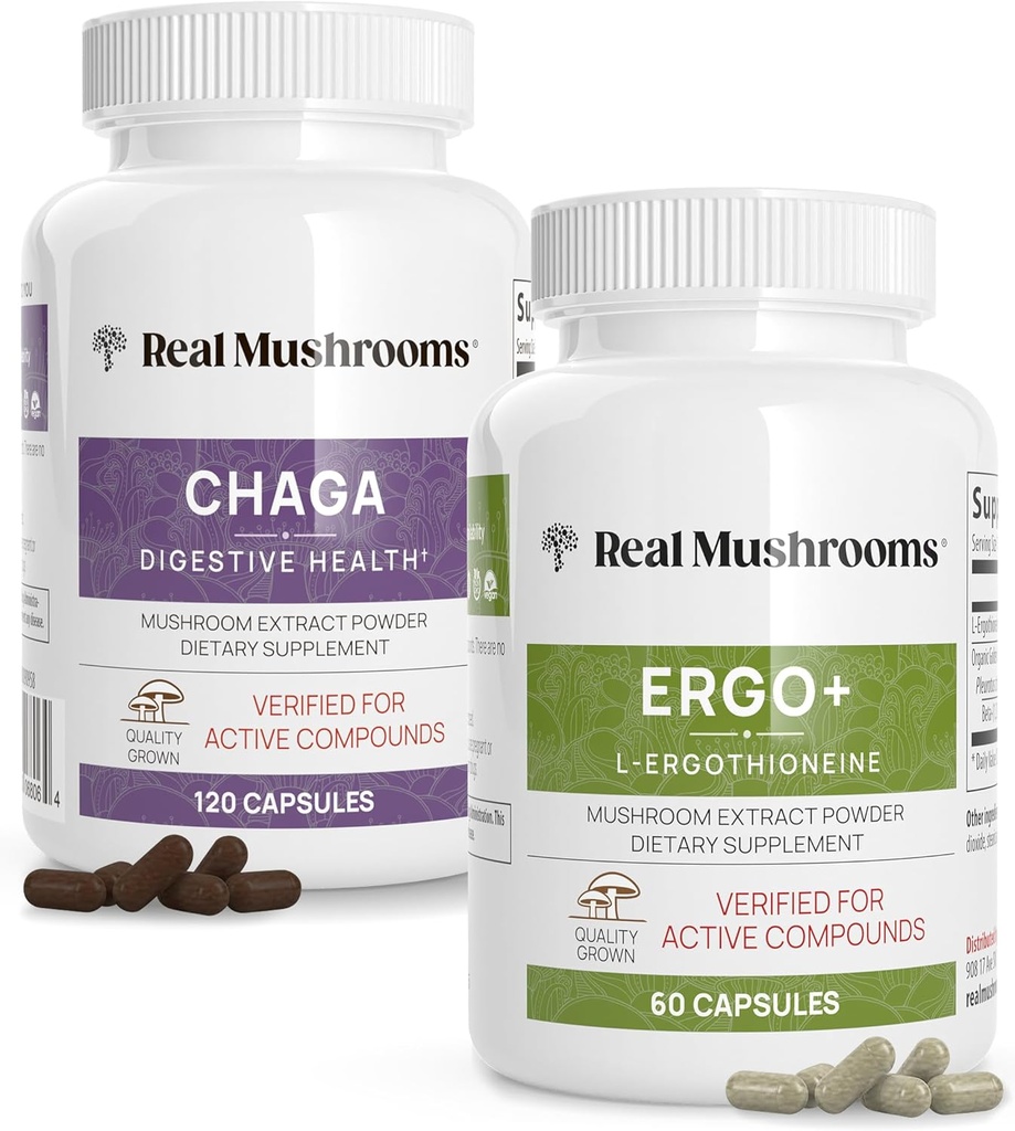 Ekte Mushrooms Ergothioneine (60ct) og Chaga (120ct) Bundle med Shiitake og Oyster Mushroom Extract - Longevity, Digestive Health - Vegan, Glutenfri, Ikke-GMO - Naturlig støtte for sunn aldring