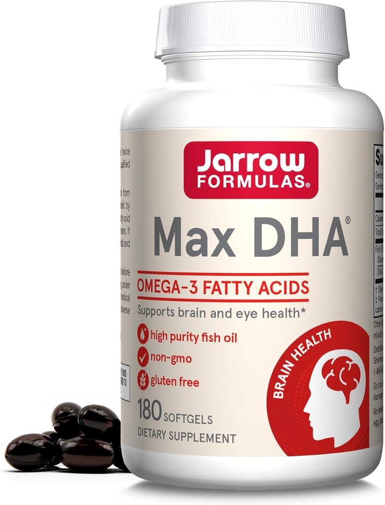Jarrow Formler MaxDHA - 180 Softgels - høy renhet Fish Oil - Supplement støtter hjerne og øye helse - konsentrert i Omega-3 fettsyrer og beriket i DHA - 90 Serveringer