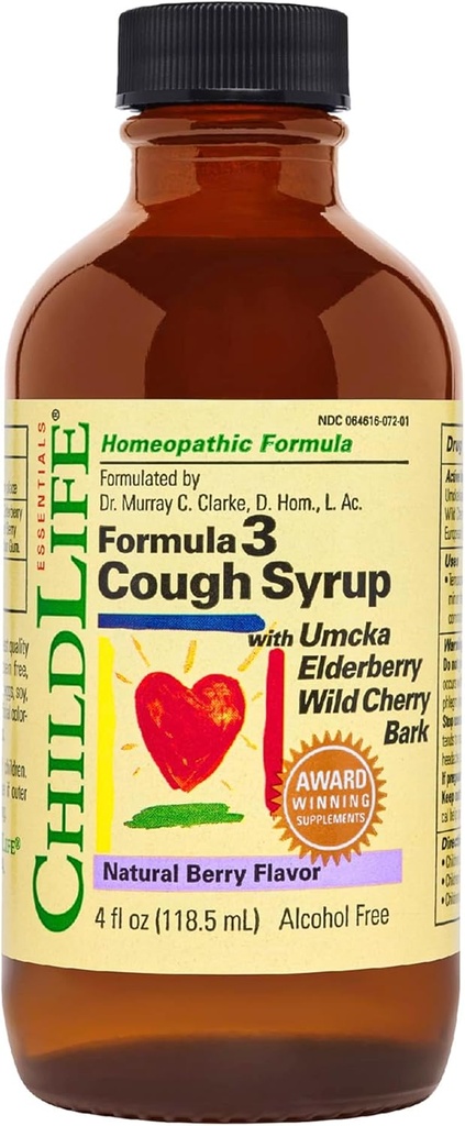 CILDLIFE Essentials Formula 3 Kids Cough Syrup - Barns Cough medisin for barn 2-11, med Umcka, Elderberry & Wild Cherry Bark, Glutenfri - Naturlig Berry, 4 Fl Oz