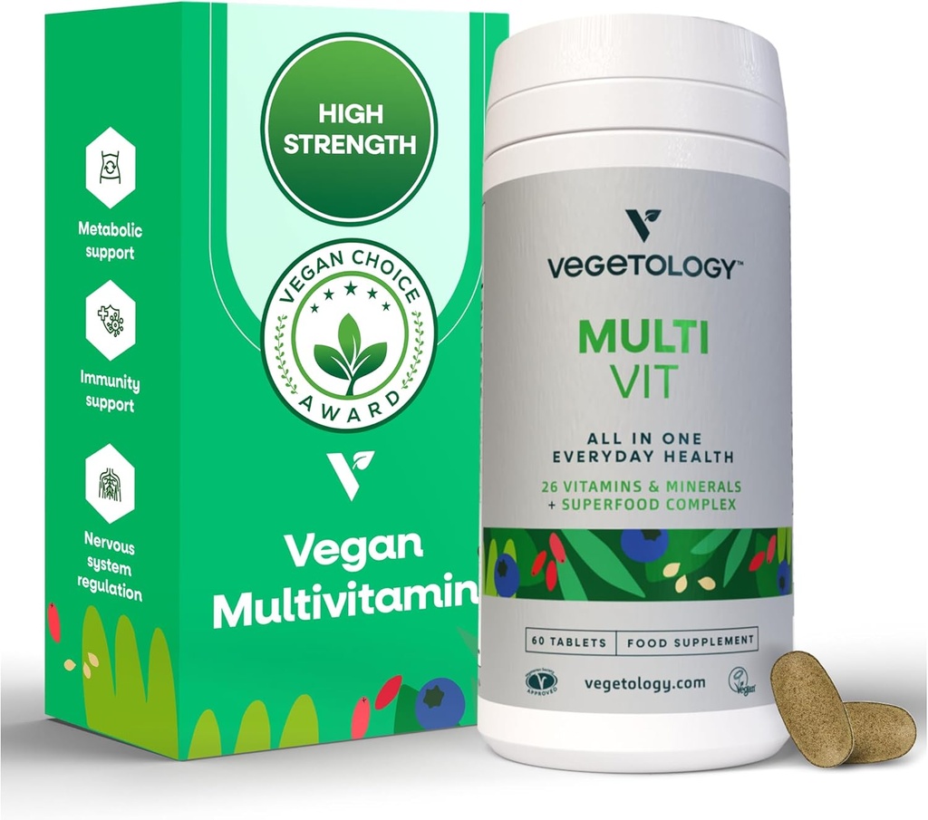 MultiVit Vegan Multivitamin Supplement, 26 Vitamin & Minerals – Vitamin Supplement for Metabolsk, Hjernefunksjon og immunstøtte – Multivitamin for kvinner, menn og barn