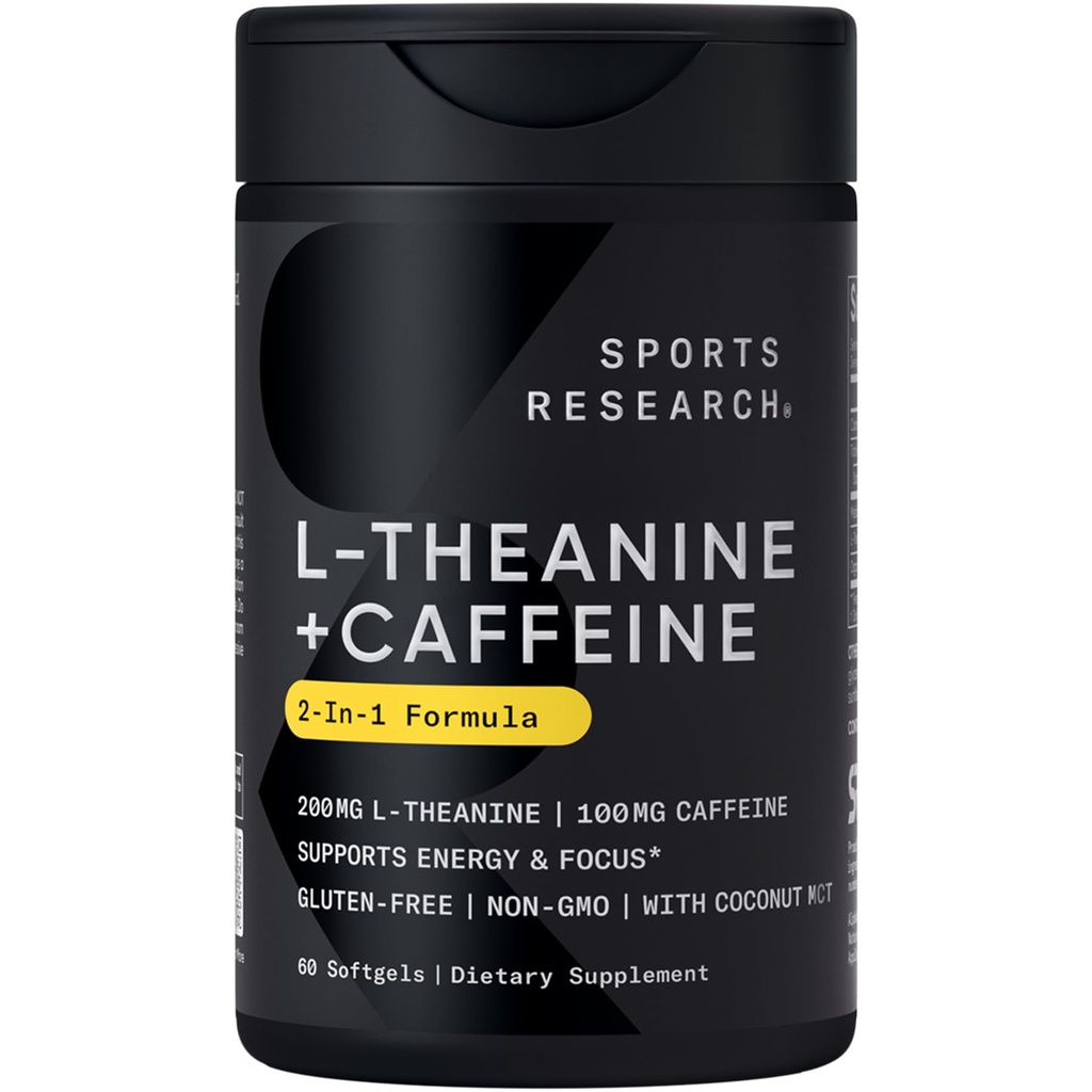 Idrettsforskning L-Theanine Supplement med koffein og kokos MCT olje - fokusert energi, varsling og avslapping uten drowsiness - 200 mg L teanin, 100mg organisk kaffe - 60 flytende softgels