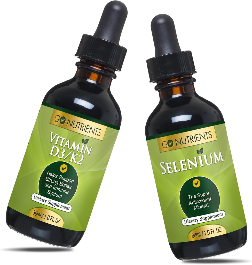 Go Næringsstoffer flytende vitamin D3 med K2 (MK-7) Drops 1oz & Selenium 200 mhg Supplement 1.0 oz® Vitamin D3 og K2 | Kosttilskudd med Mineral Selenium væske og renset vann