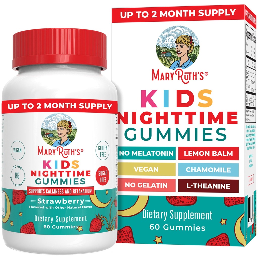 MaryRuth Organics Kids Nighttime Gummies | Sugar Gratis | NO Melatonin med L Theanine, Lemon Balm, Kamille, Vitamin B6 | Avslappende støtte for barn 2+ | Vegansk | Ikke-GMO | Glutenfri | 60 greve