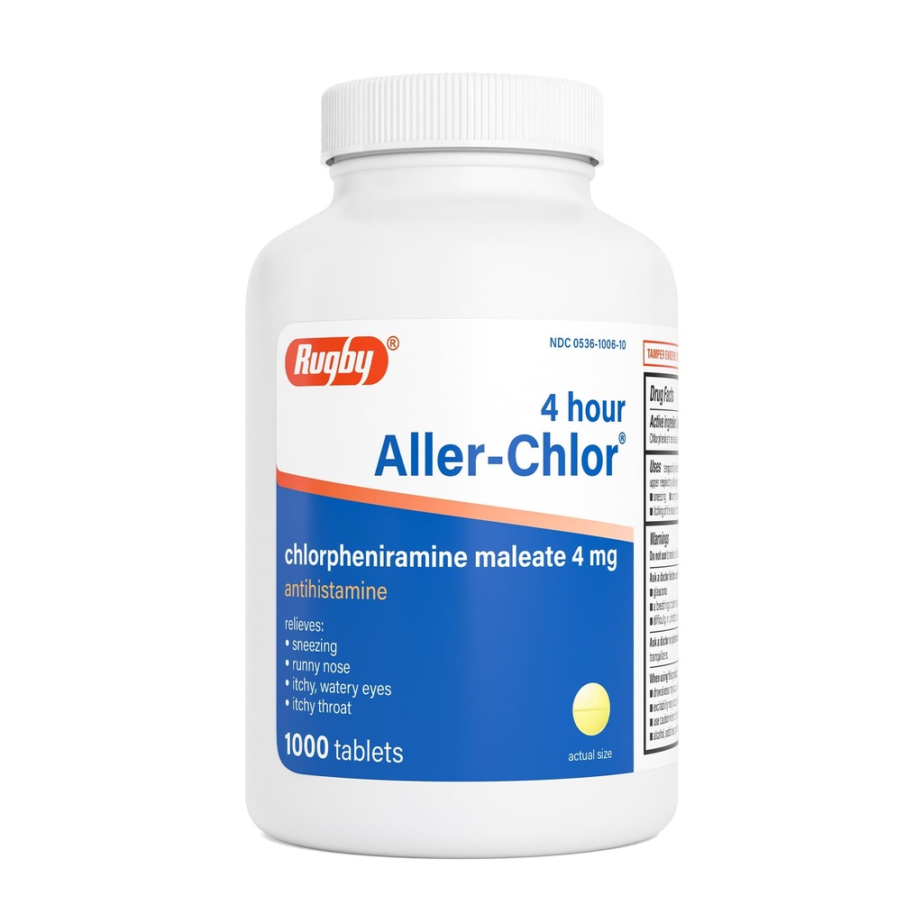 Rugby 4 time Aller-klor - Klorfeniramin Maleat 4 mg - Antihistamin - 1000 tabletter (1 pakke)