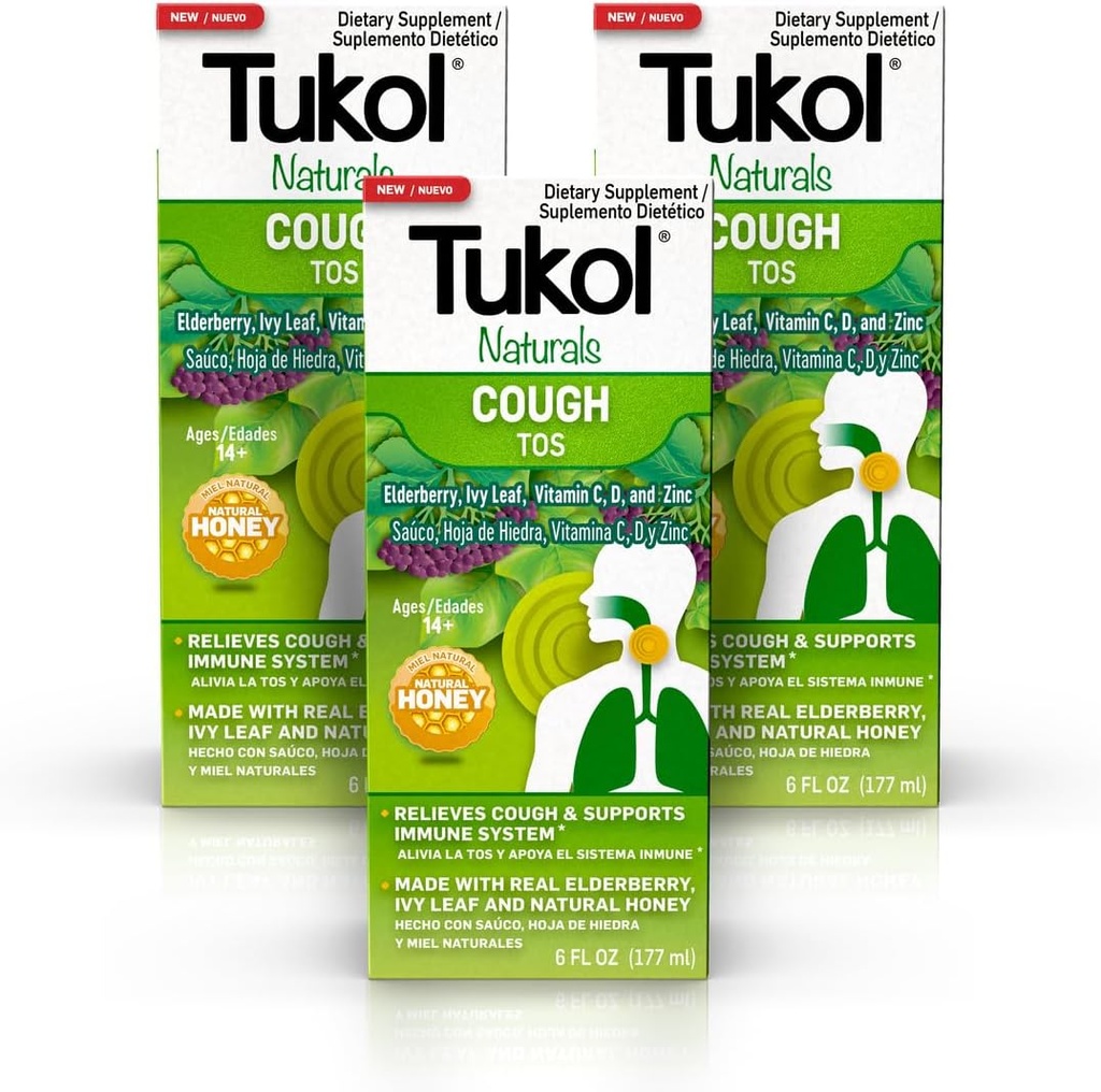 TUKOL Naturals Elderberry Syrup med vitamin C, D, og sink, Immun støtte Supplement med naturlig honning for voksne og tenåringer, Herbal Elderberry Boost for immunisme og antioksidant støtte, 6oz, Pakke med 3