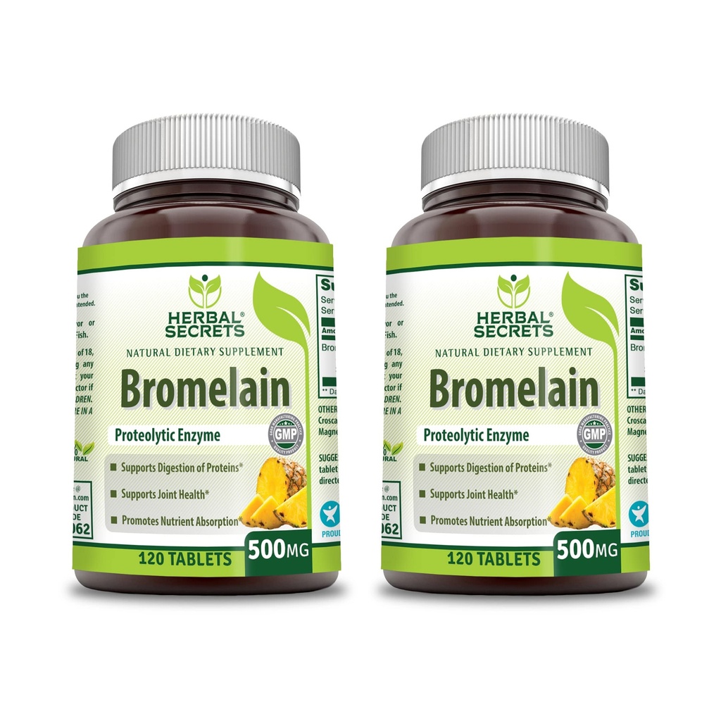 Herbal Secrets Bromelain 500 Mg 120 tabletter Supplement | Pakke med 2 | Ikke-GMO | Glutenfri | laget i USA