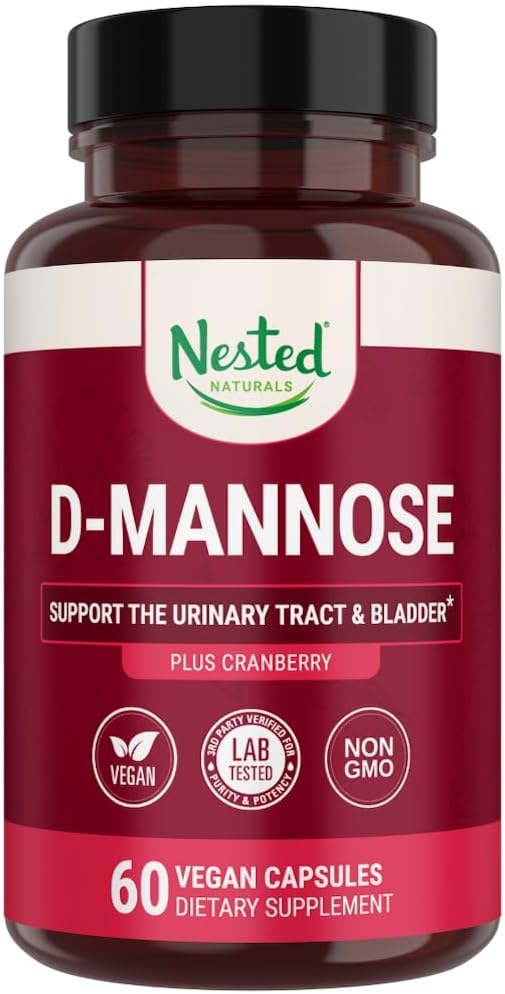 Nestet Naturals D-Mannose 500 mg Caspules med Cranberry Extract, D Mannose Cranberry Pills, Urin & Blader Support, 60 Vegan Capsules